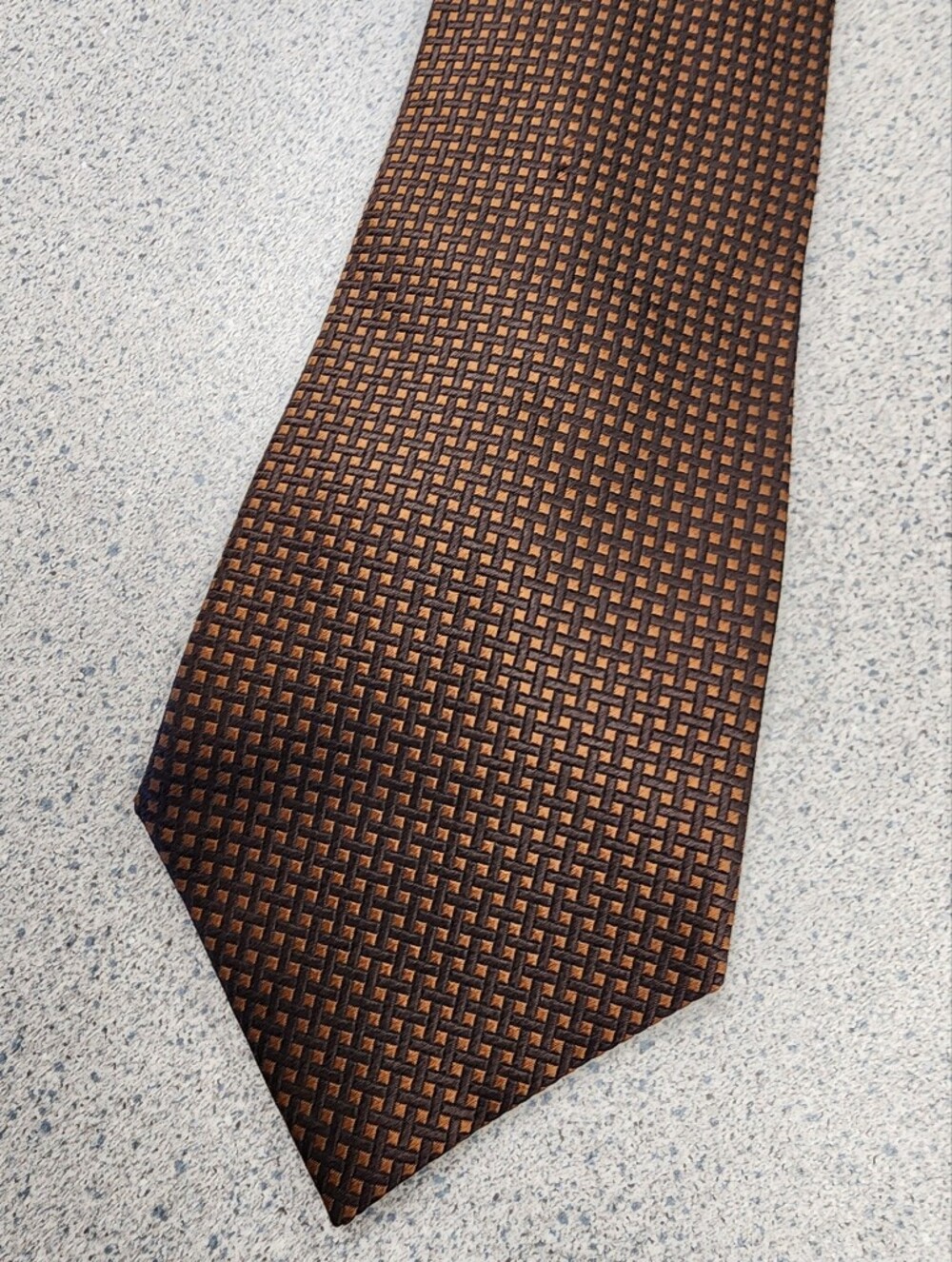 Vintage Stonehenge Brown & Gold Geometric Grid Woven Silk Necktie